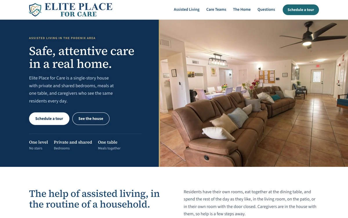 The home page of Elite Place for Care