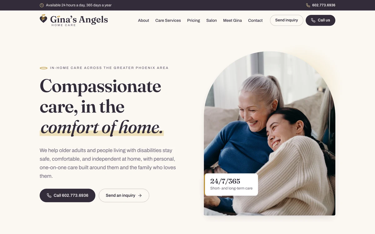 The home page of Gina's Angels Home Care