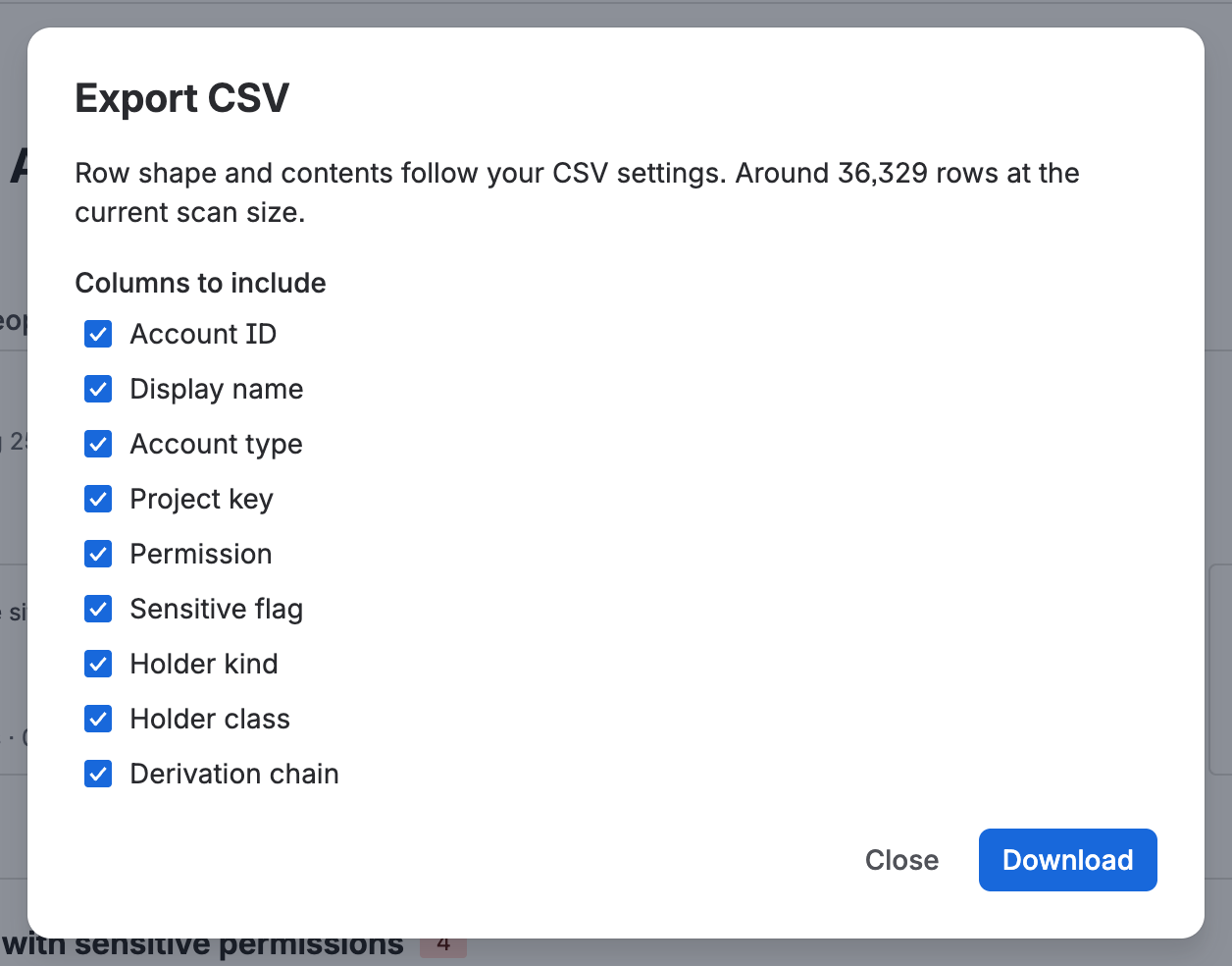 The Export CSV dialog listing nine column toggles including Derivation chain, and an estimate of about 36,000 rows.