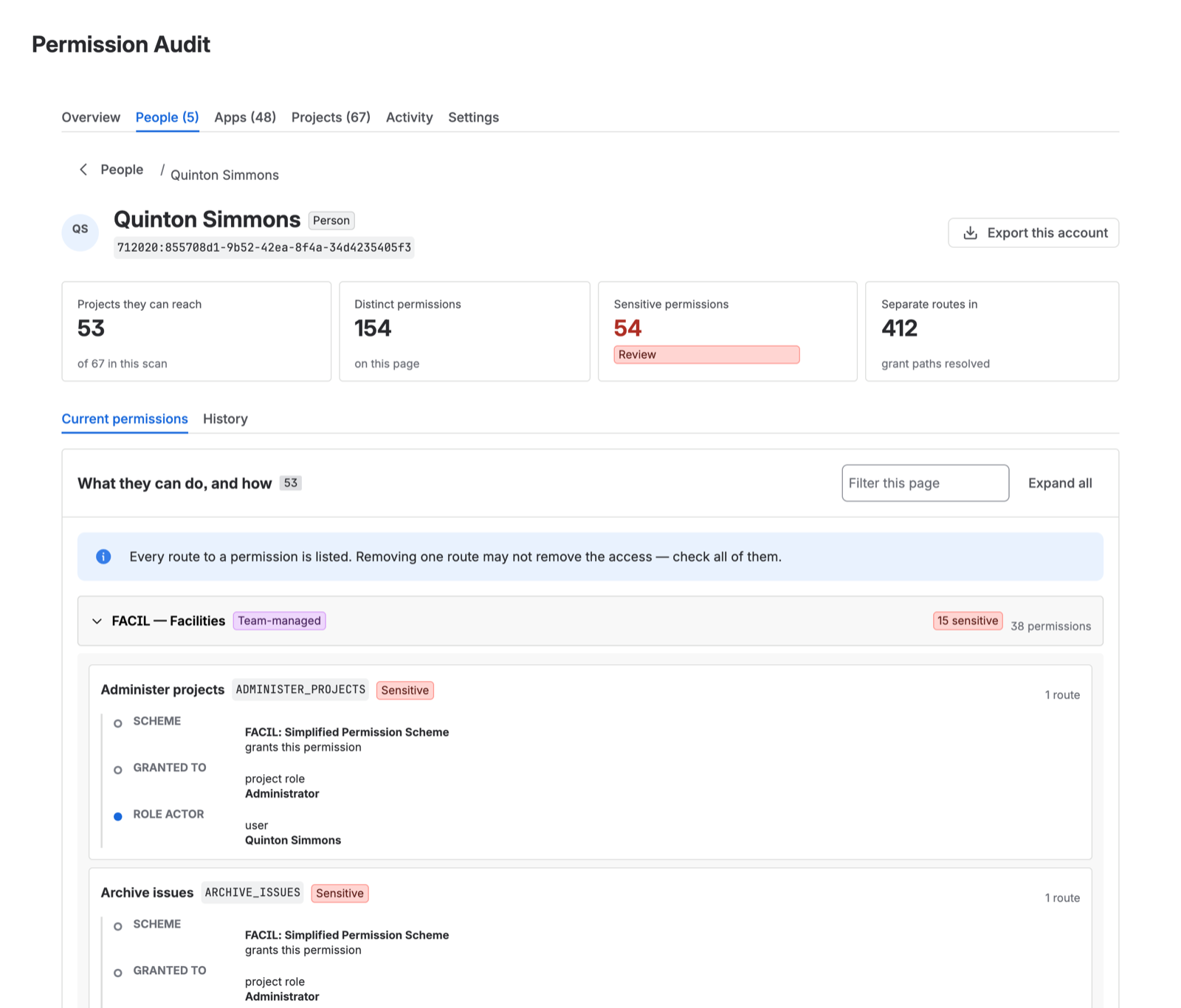 A person detail page showing projects reached, distinct permissions, sensitive permissions and separate routes, above the per-project permission list.